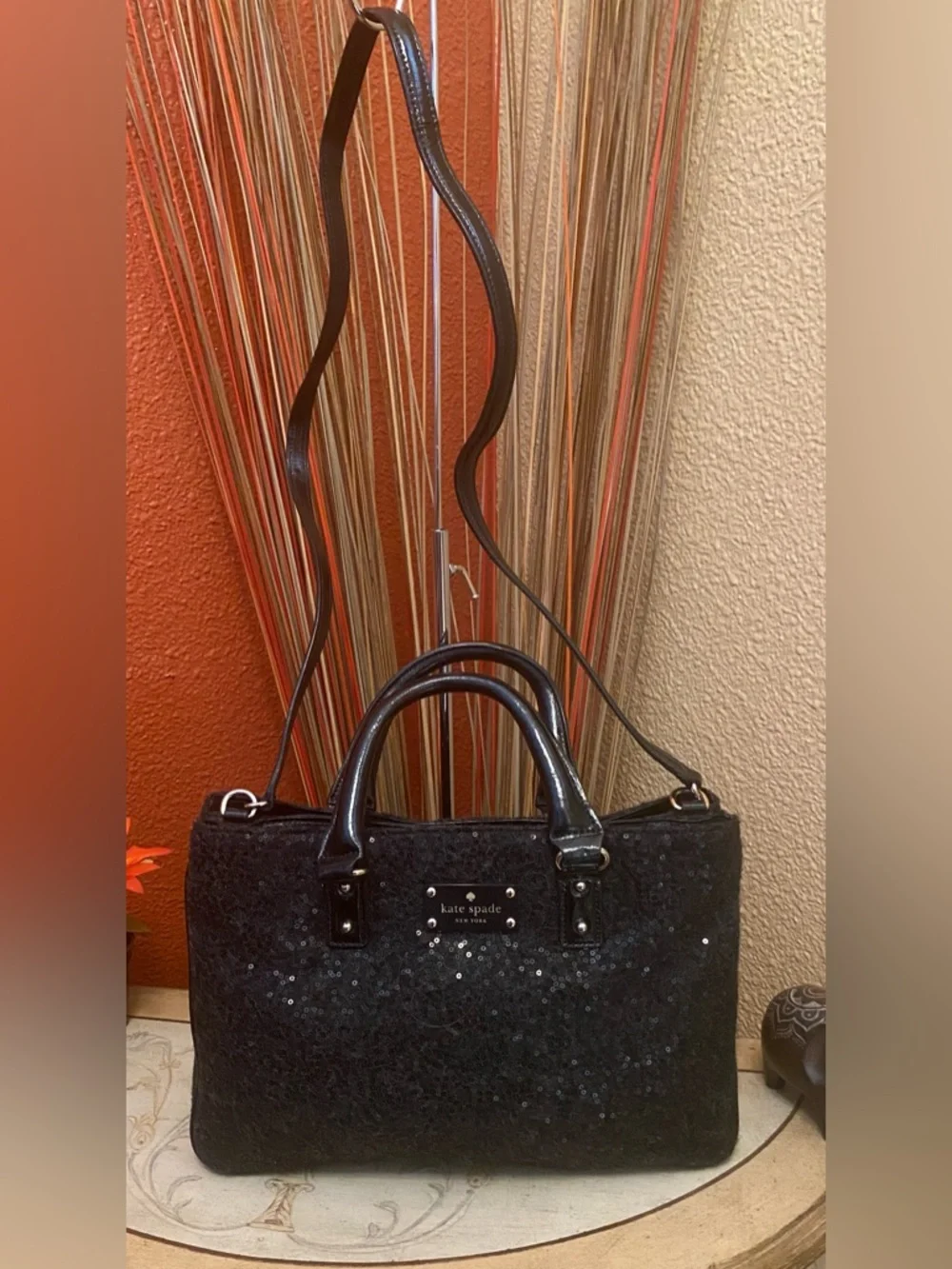 Kate Spade ♠️ - EUC - Brette Black Felt Flurry Sequin Patent-Trim Satchel Bag
